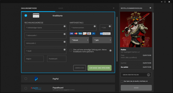Das Bezahlmenü orientiert sich an den gewohten Standards. (Bild: Epic Games/Screenshot: Golem.de)